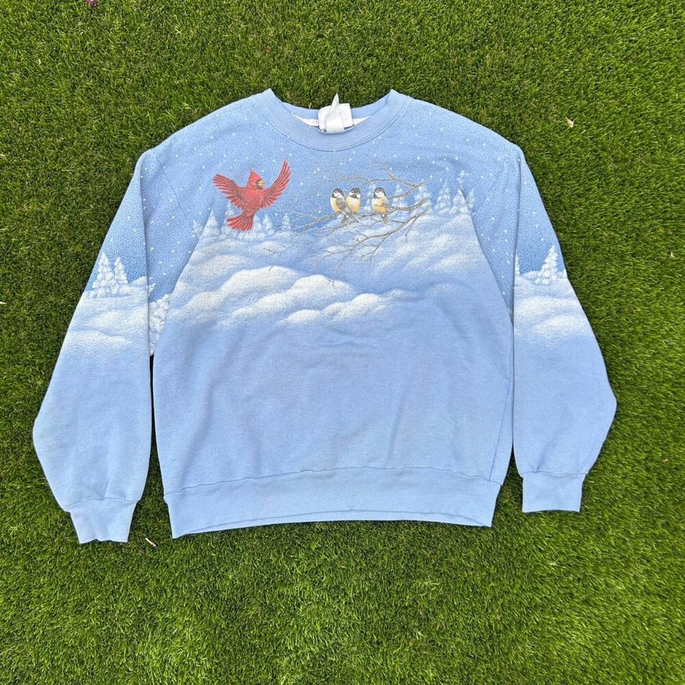 Vintage Morning Sun Nature Grandma Bird Mountain AOP Blue Crewneck